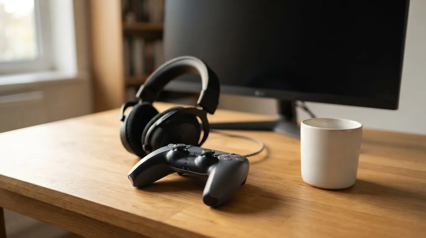 Ein Gamepad und ein Headset liegen auf einem Schreibtisch neben einer Tasse, der Bildschirm im Hintergrund ist ausgeschaltet.