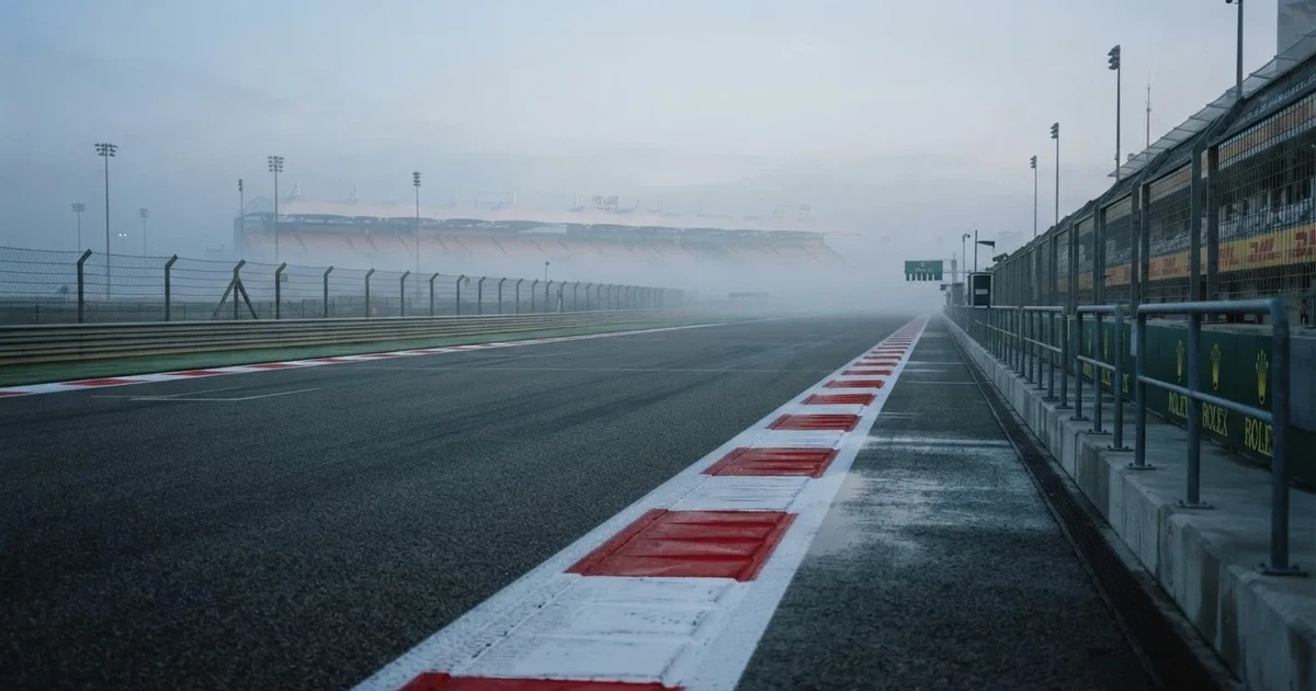 Eine leere Rennstrecke im Morgennebel, Asphalt mit rot-weißen Randsteinen, im Hintergrund Tribünen in der Ferne.