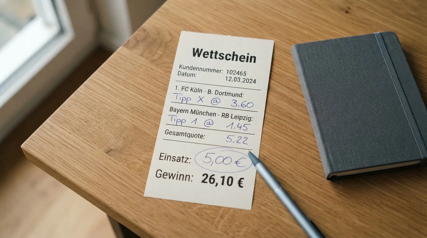 Ein leerer Papierwettschein und ein Kugelschreiber liegen auf einem aufgeräumten Schreibtisch, weiches Licht von einem Fenster.
