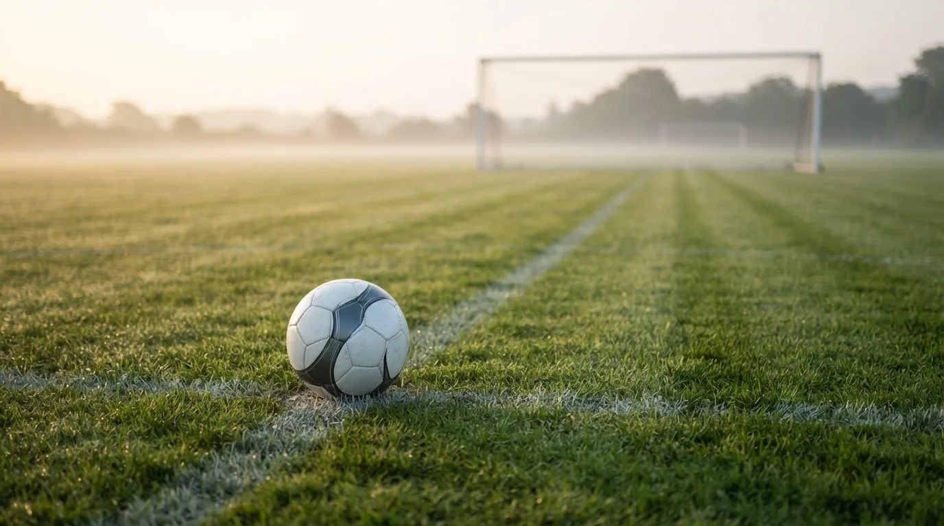 Ein Fußball liegt auf dem Elfmeterpunkt eines leeren Rasenplatzes, im Hintergrund unscharf ein Tor im Morgendunst.