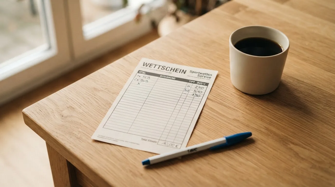Ein leerer Wettschein aus Papier liegt neben einem Kugelschreiber und einer Tasse auf einem hellen Holztisch.