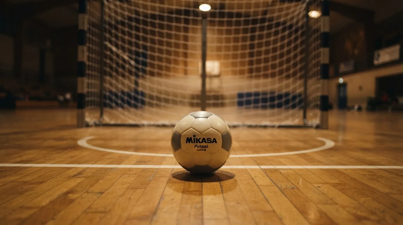 Ein kleiner schwerer Ball liegt in einer Halle auf dem Parkett vor einem Tor, warmes Licht aus den Deckenstrahlern.