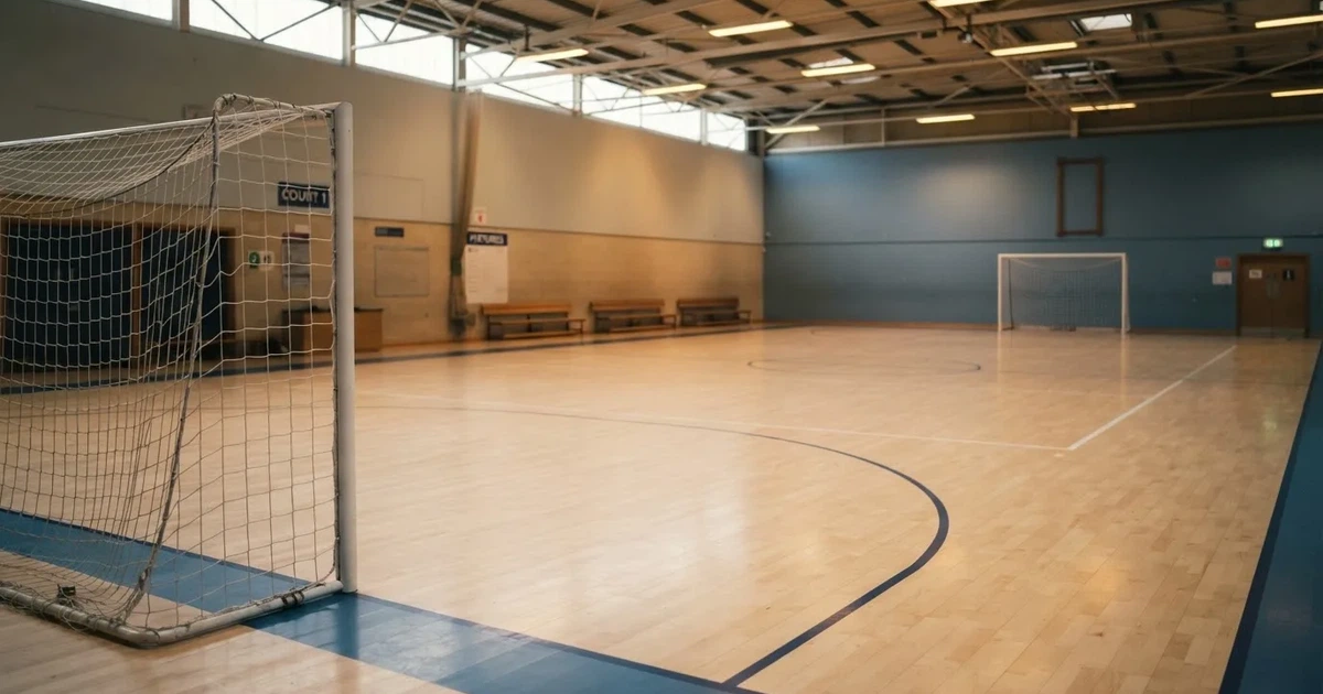 Eine leere Sporthalle mit hellem Hallenboden, kleinen Toren an beiden Enden und blauen Linien, Licht fällt von oben.