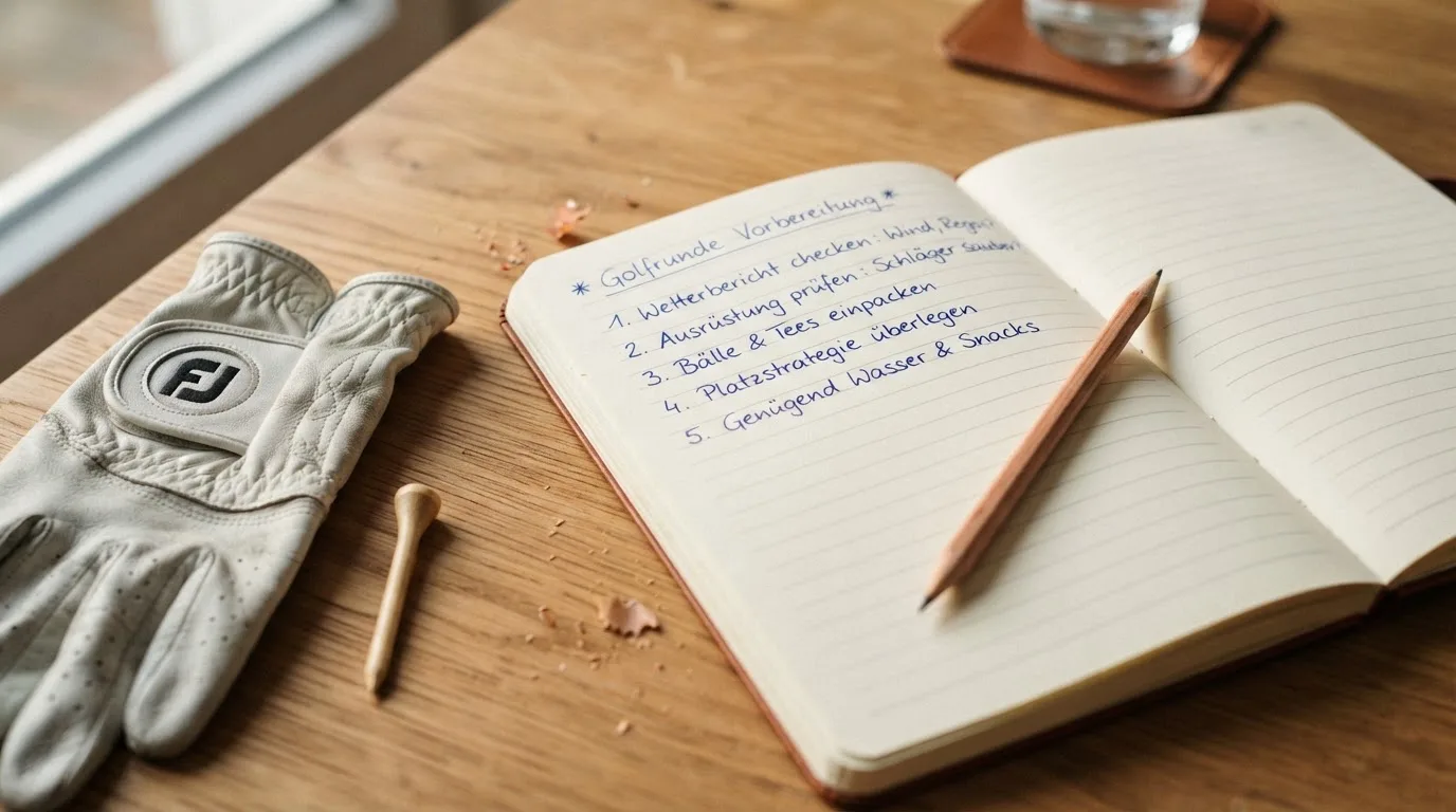 Ein Notizbuch mit handschriftlichen Notizen und ein Bleistift liegen neben einem Golfhandschuh und einem Tee auf einem Holztisch.