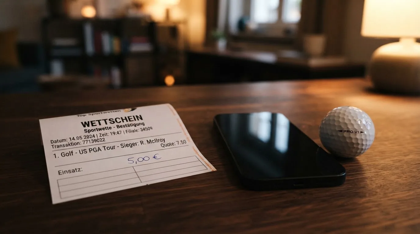 Ein leerer Wettschein aus Papier liegt neben einem Smartphone mit dunklem Display auf einem Tisch, daneben ein einzelner Golfball.
