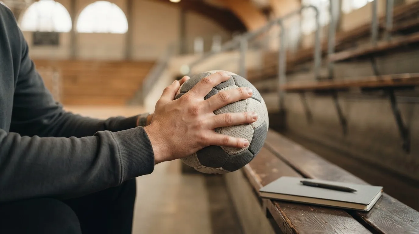 Eine Hand hält einen Handball, im Hintergrund eine unscharfe Tribüne, daneben liegt ein Notizblock auf einer Bank.
