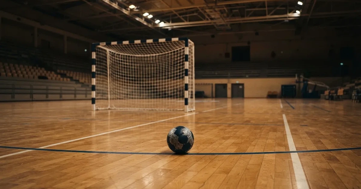 Ein Handball liegt auf dem Hallenboden vor einem Tor mit Netz, die leere Halle wird von Flutlicht beleuchtet.