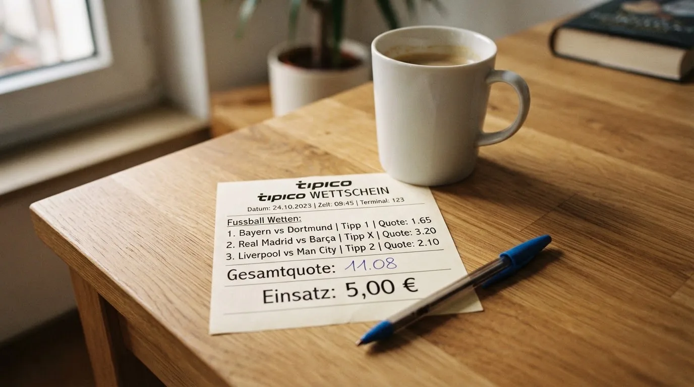 Ein leerer Wettschein aus Papier und ein Kugelschreiber liegen auf einem Schreibtisch neben einer Tasse Kaffee im Tageslicht.
