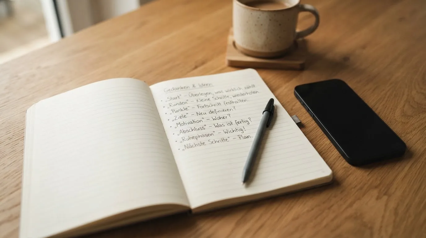 Ein Notizbuch mit handschriftlichen Notizen und ein Stift liegen auf einem Holztisch neben einem Smartphone mit dunklem Bildschirm.