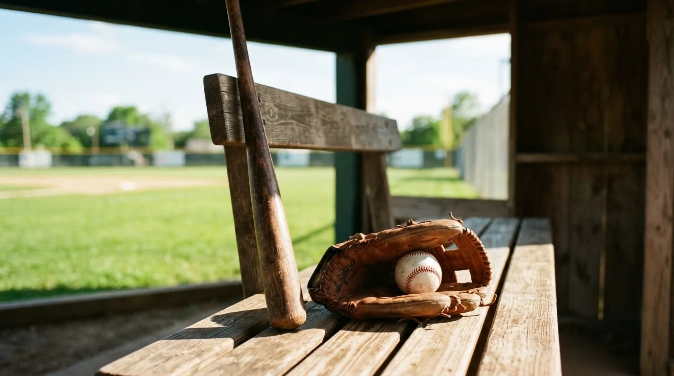 Ein Baseballschläger lehnt an einer Bank im Dugout, daneben liegen ein Handschuh und ein Ball im Licht der Nachmittagssonne.