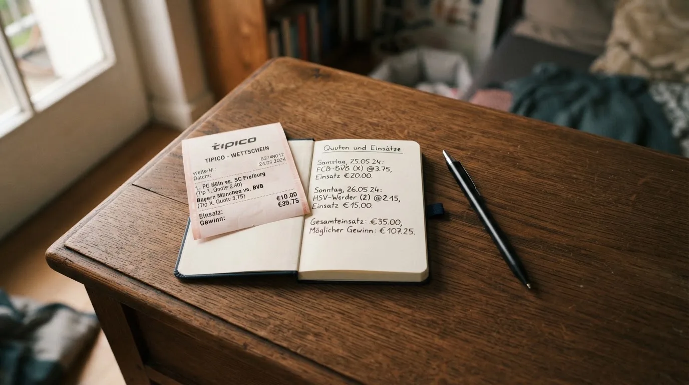 Ein leerer Wettschein aus Papier liegt neben einem Notizbuch und einem Stift auf einem aufgeräumten Schreibtisch.