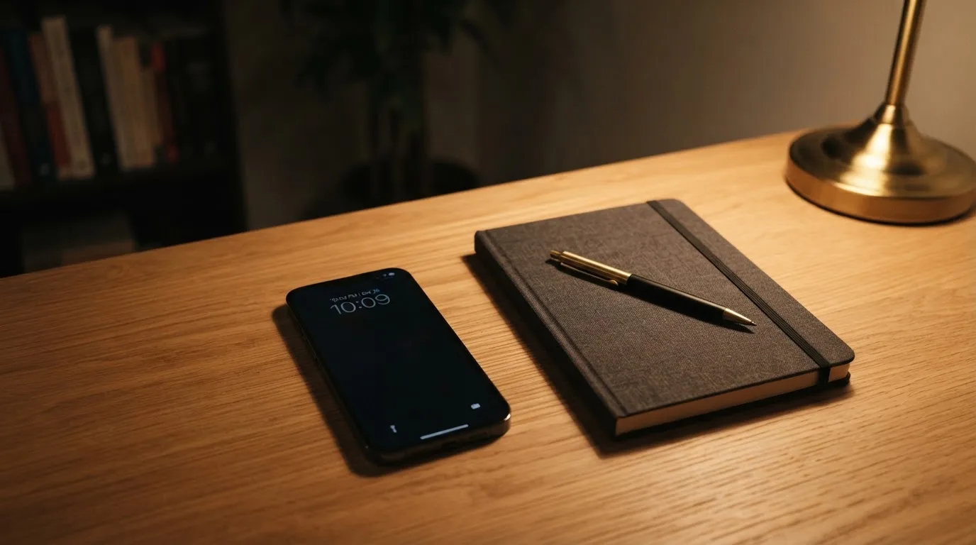 Ein Smartphone mit dunklem Display liegt neben einem Notizbuch und einem Kugelschreiber auf einem Tisch.