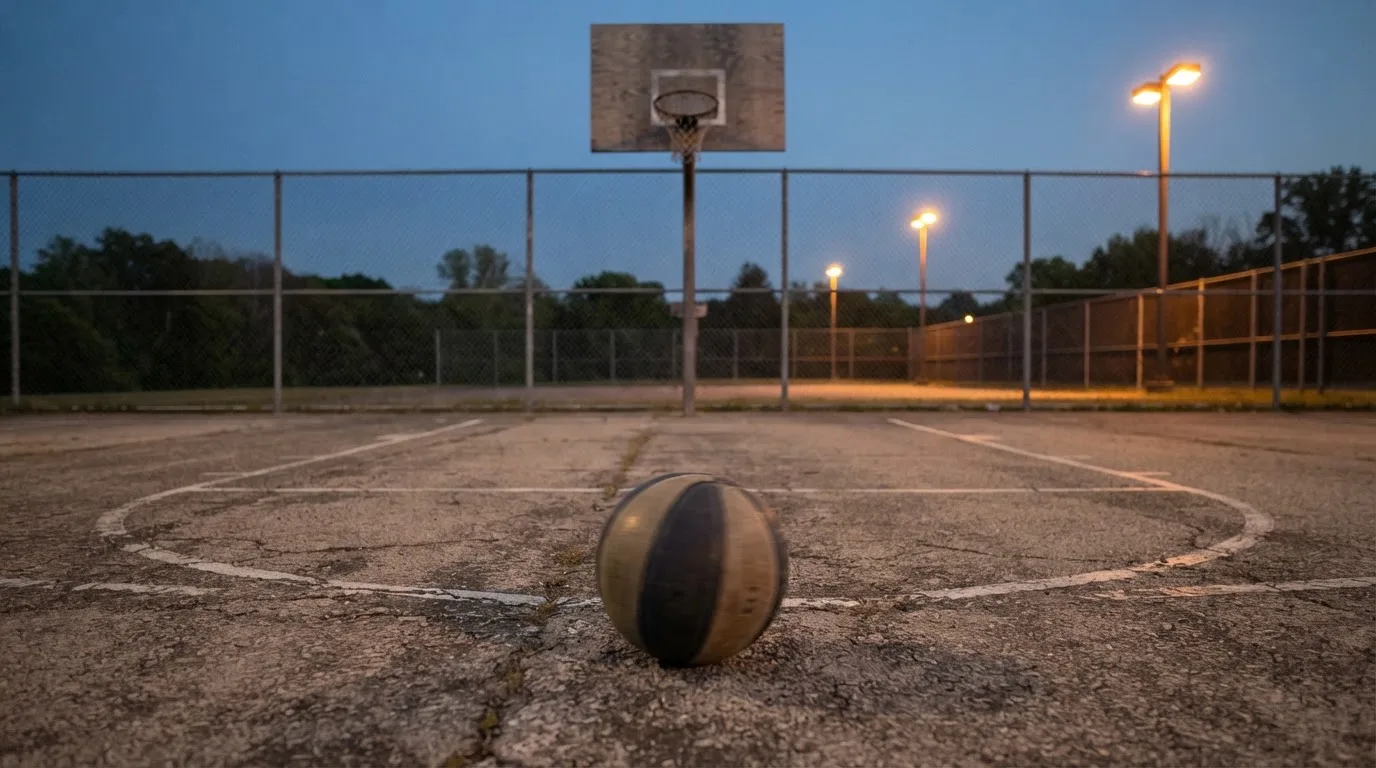 Ein Basketball rollt auf einem Freiluftplatz in der Abenddämmerung zu einem Korb, die Straßenlaternen leuchten bereits.
