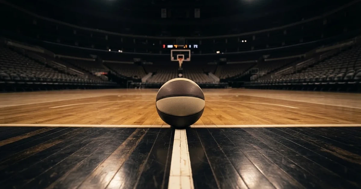 Ein Basketball liegt auf dem Parkettboden einer leeren Arena, Scheinwerfer werfen Licht auf die Mittellinie.