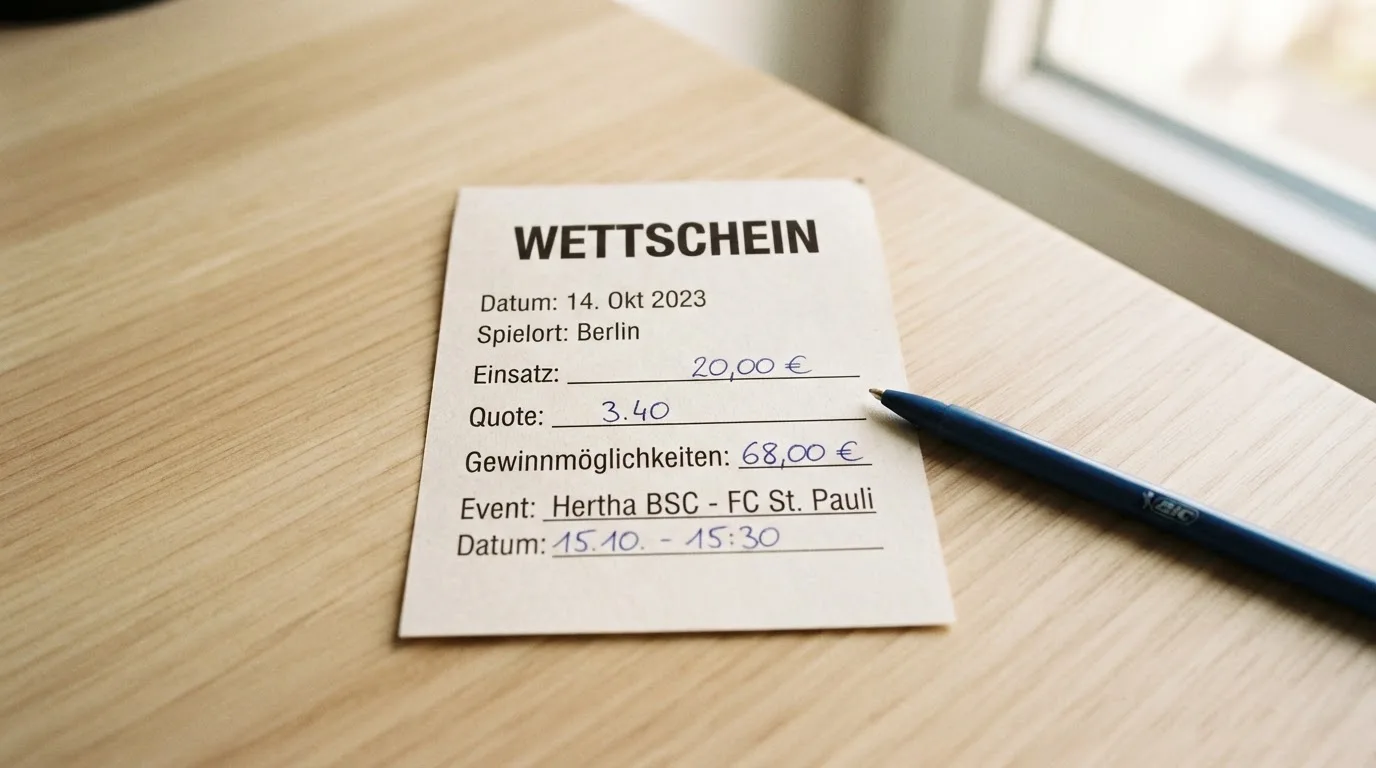 Ein leerer Wettschein aus Papier liegt neben einem Kugelschreiber auf einem Schreibtisch im Tageslicht.