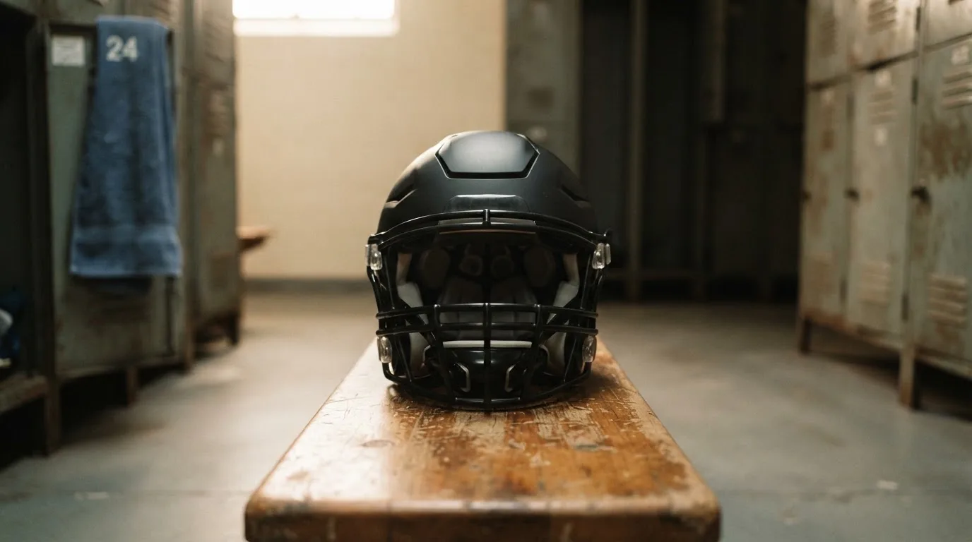 Ein neutraler Footballhelm ohne Aufdruck steht auf einer Holzbank in einer Umkleidekabine.
