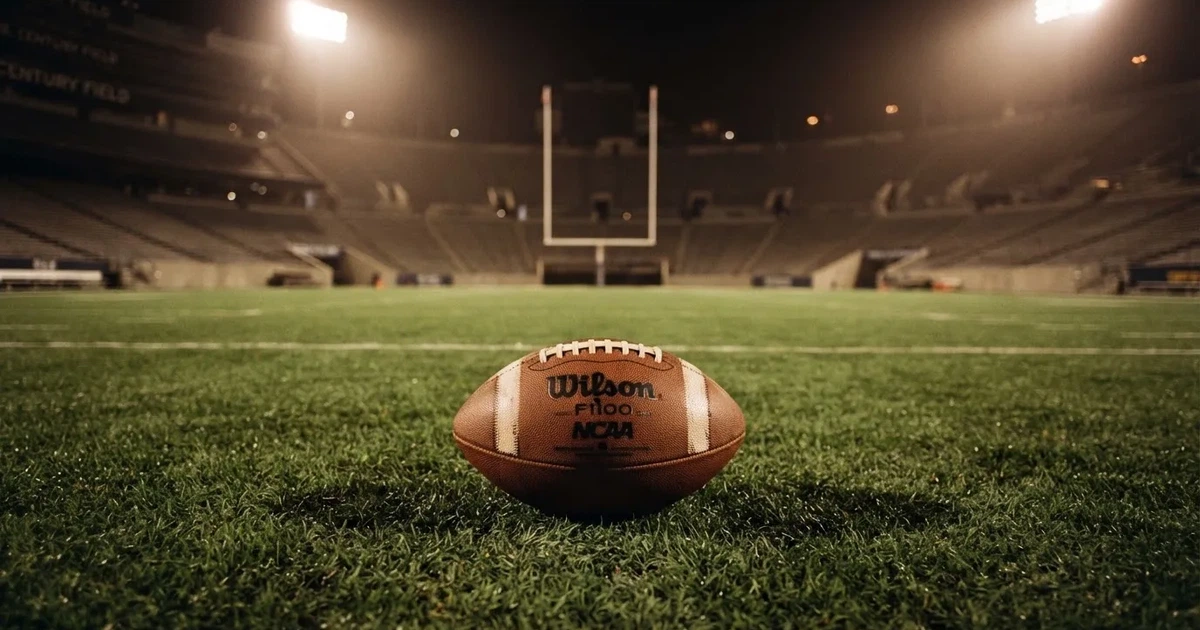 Ein American Football liegt auf dem Rasen eines leeren Stadions unter Flutlicht, die Torstangen ragen im Hintergrund auf.