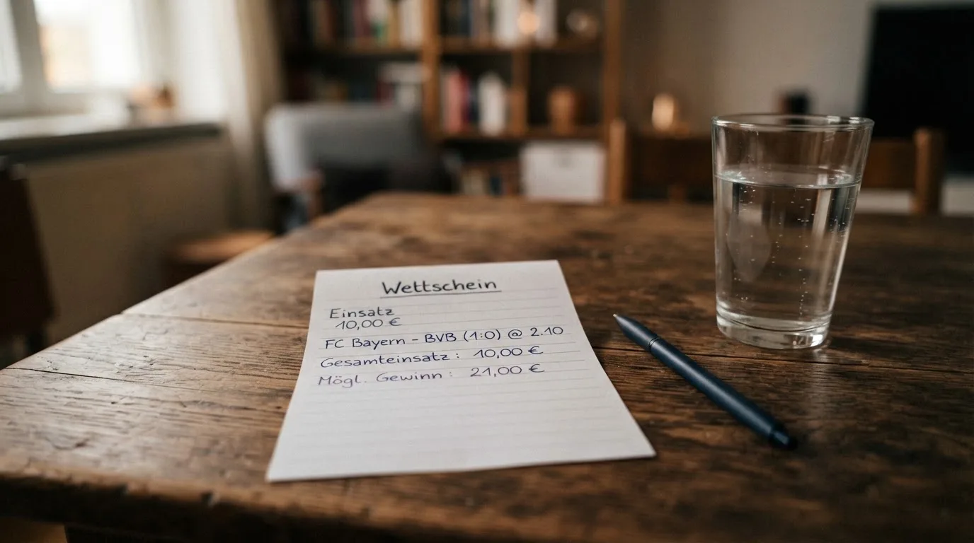 Ein leerer Wettschein aus Papier liegt neben einem Stift auf einem Tisch, daneben ein Glas Wasser.