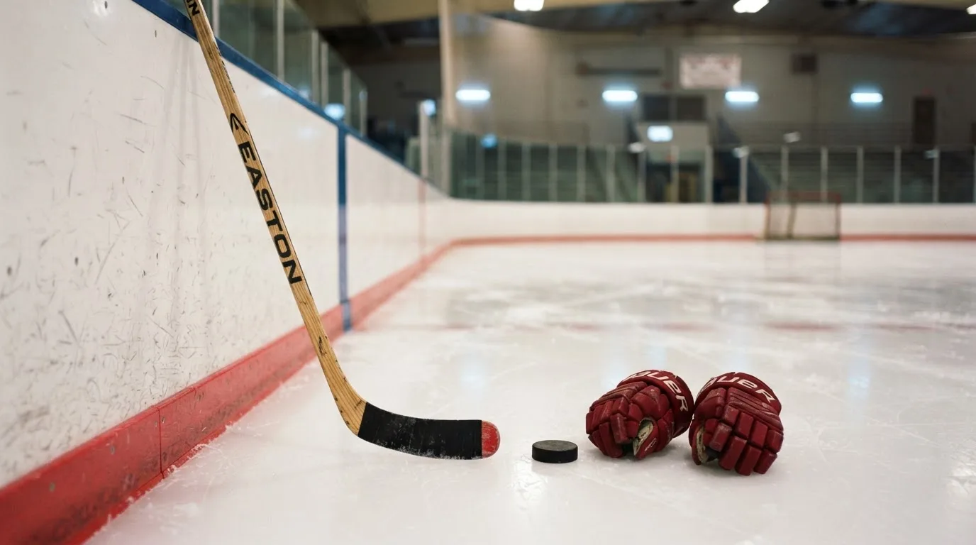 Ein Eishockeyschläger lehnt an einer Bande, daneben liegen ein Puck und ein Paar Handschuhe in einer Eishalle.