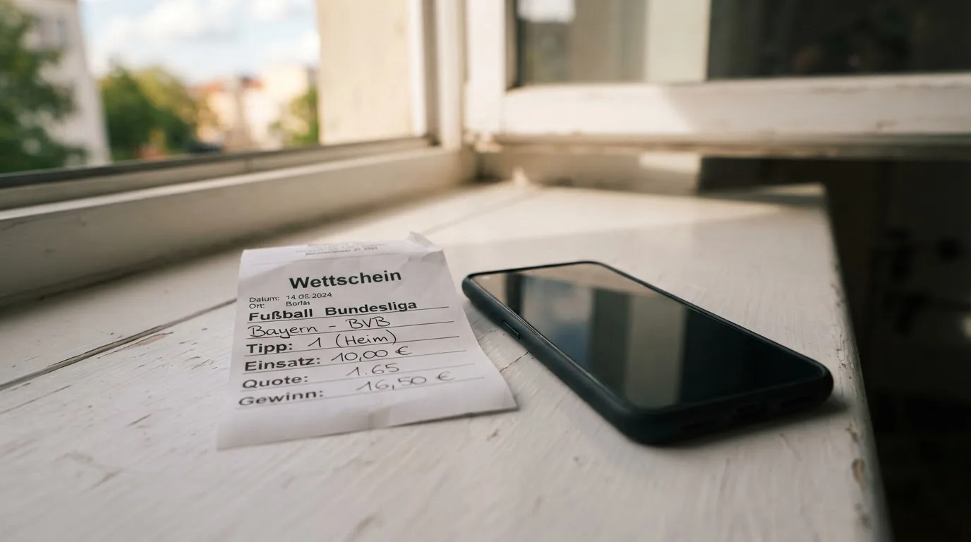 Ein leerer Wettschein aus Papier und ein Smartphone mit dunklem Display liegen auf einer Fensterbank im Tageslicht.