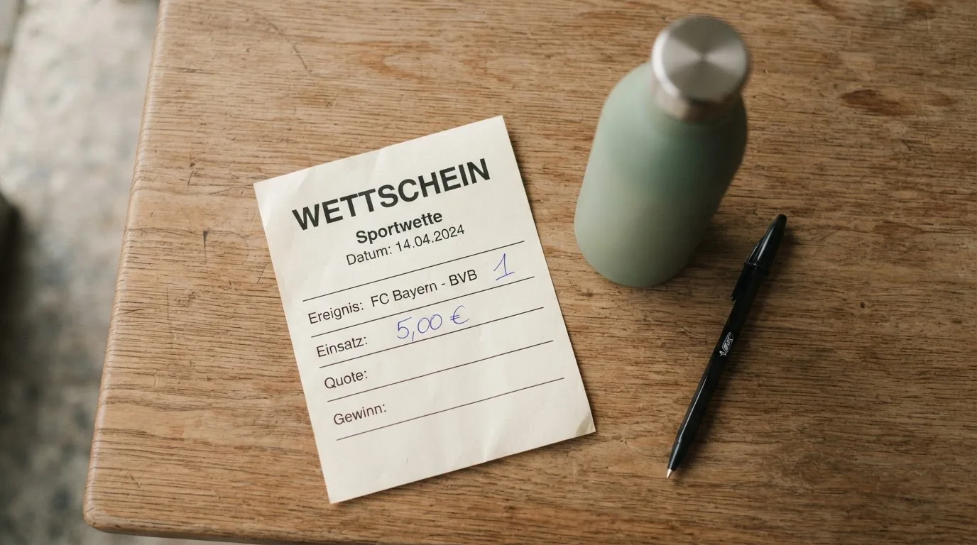 Ein leerer Wettschein aus Papier liegt neben einer Trinkflasche und einem Stift auf einem Tisch.