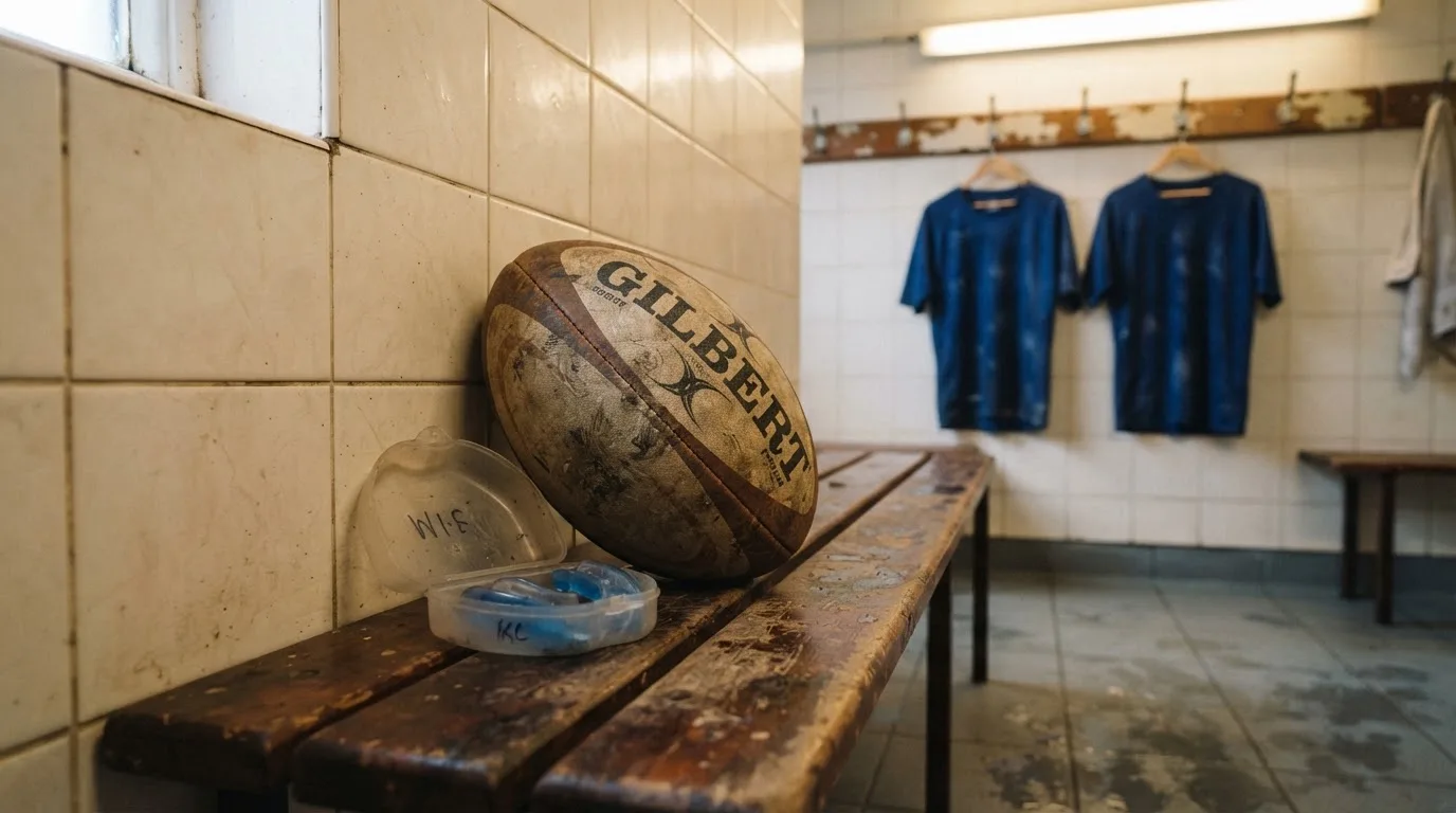 Ein Rugbyball und ein Mundschutz liegen auf einer Holzbank neben einer Reihe Kleiderhaken in einer Umkleide.