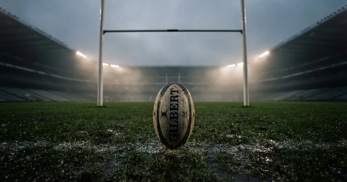 Ein ovaler Rugbyball liegt vor den hohen Torstangen auf nassem Rasen, über dem Stadion zieht Nebel auf.