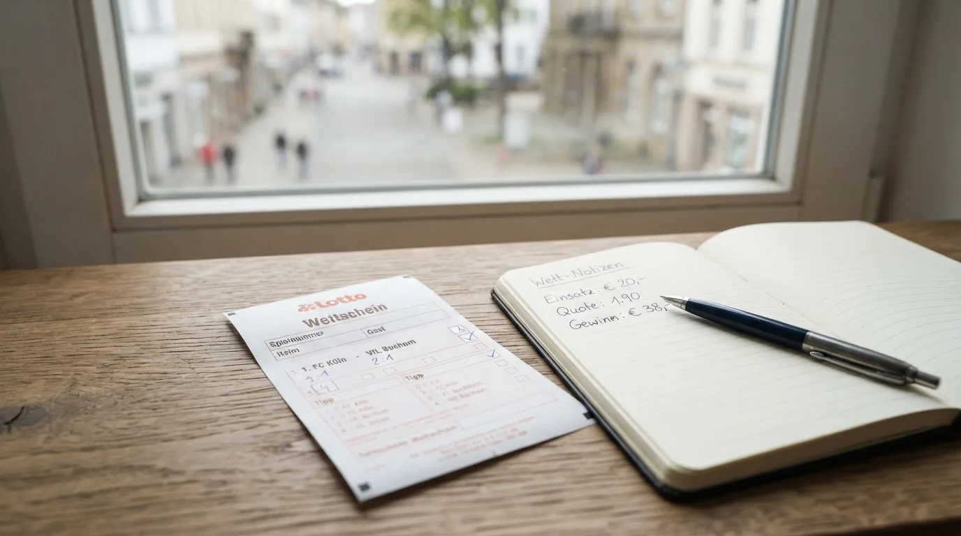 Ein leerer Wettschein aus Papier liegt neben einem Notizbuch und einem Stift auf einem Schreibtisch am Fenster.