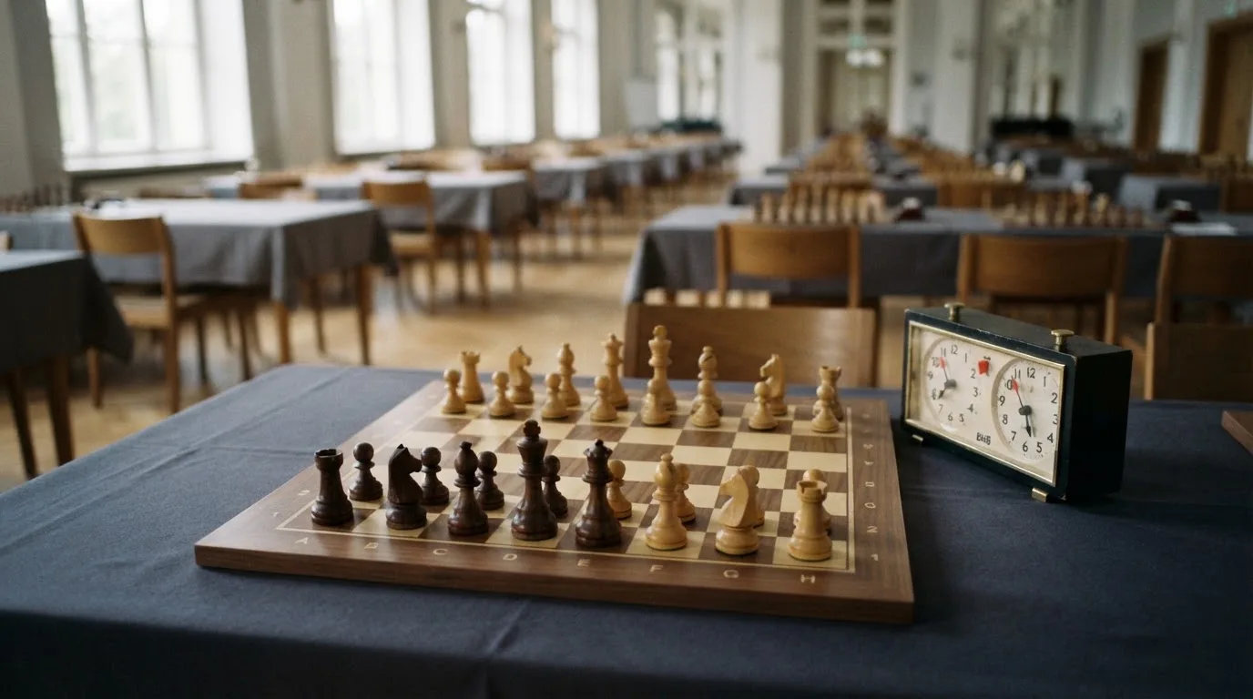 Ein Schachbrett und eine Schachuhr stehen auf einem Tisch in einem leeren Turniersaal, die Stühle sind ordentlich zurückgeschoben.
