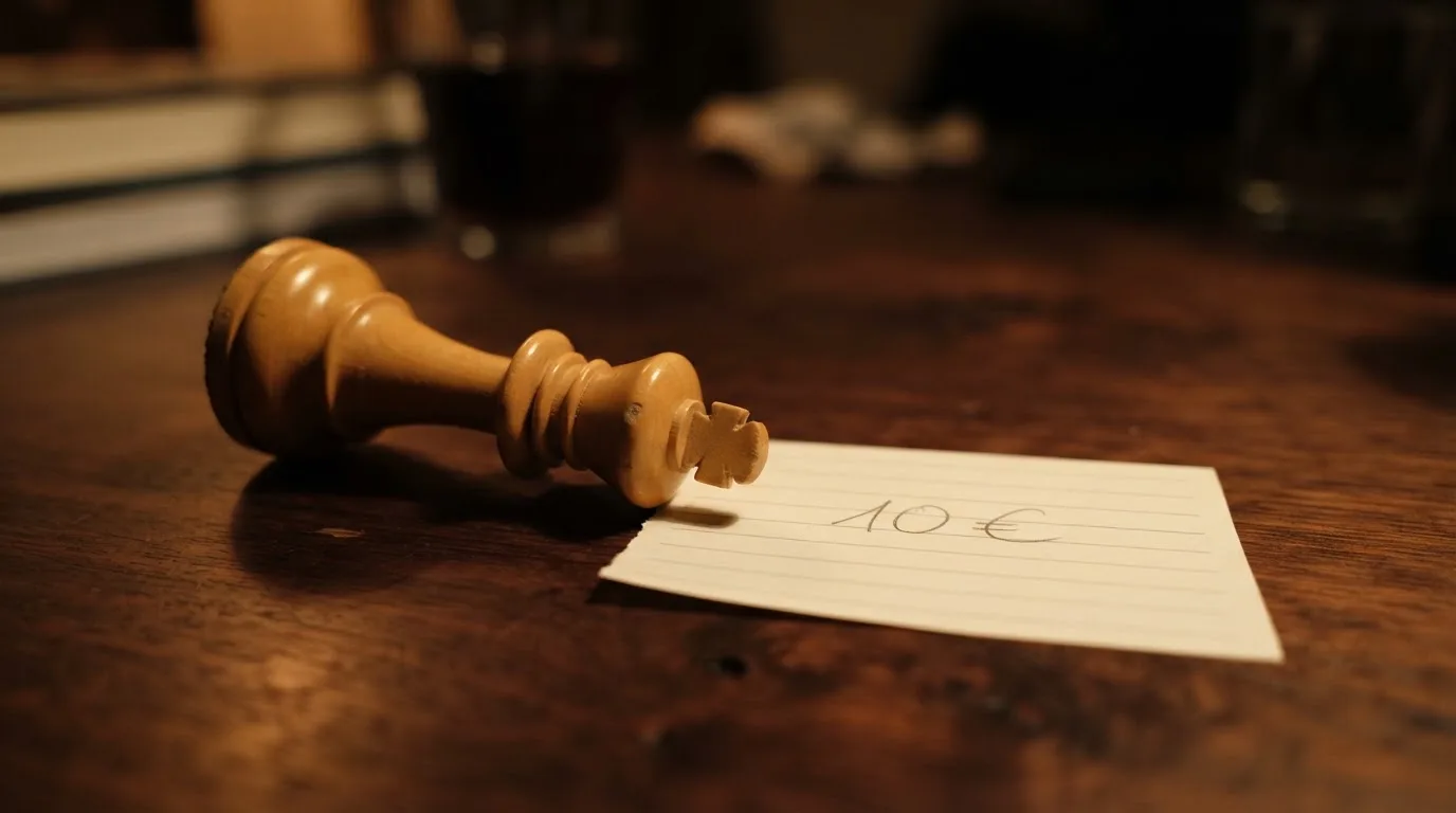 Ein leerer Wettschein aus Papier liegt neben einem umgekippten weißen Schachkönig auf einem Holztisch.
