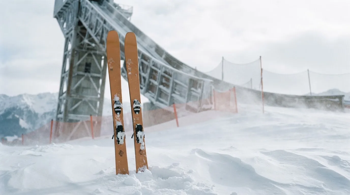 Ein Paar Skier steckt aufrecht im Schnee neben einem Anlaufturm, im Hintergrund wirbelt feiner Schnee im Wind.