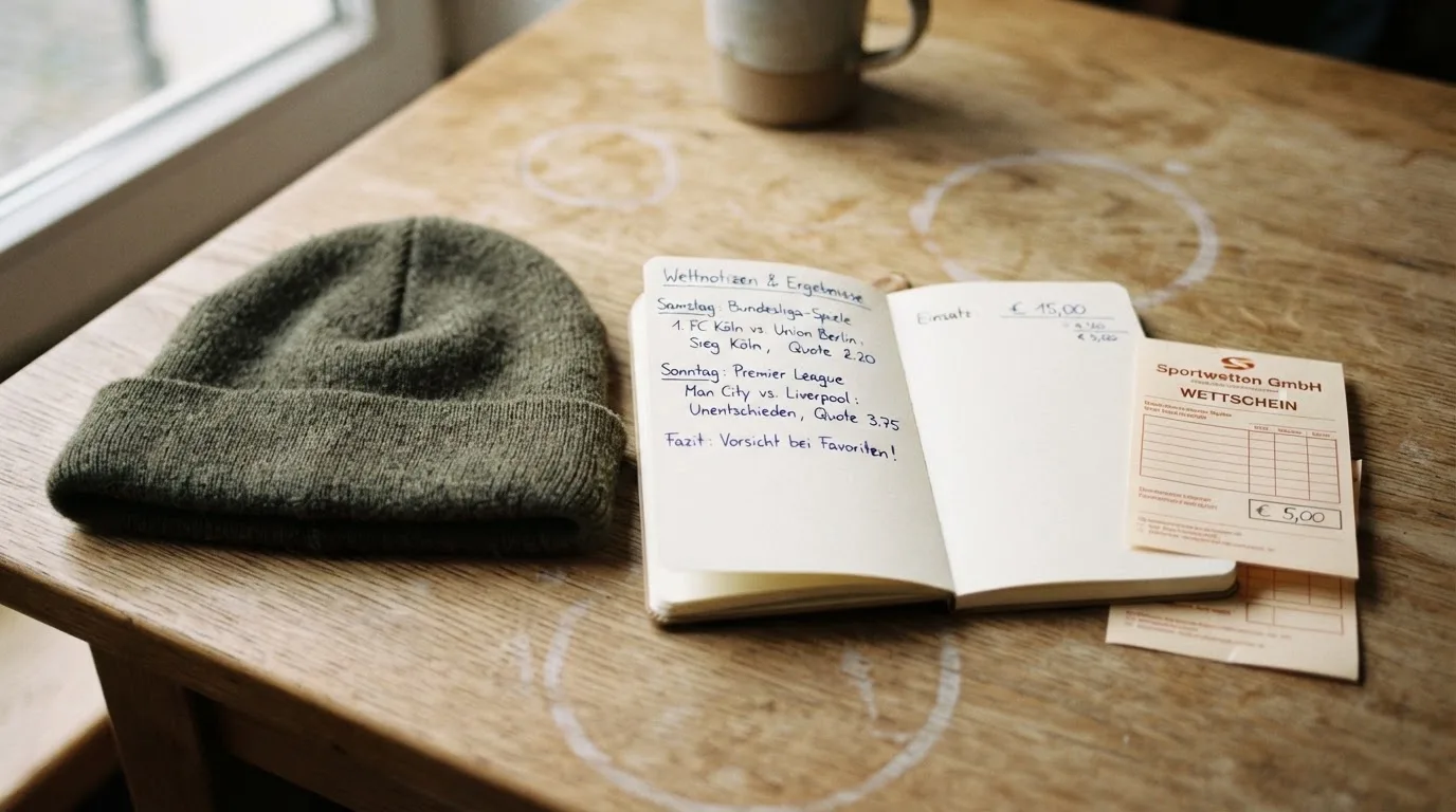 Ein leerer Wettschein aus Papier und ein Notizbuch liegen neben einer Wollmütze auf einem Holztisch.