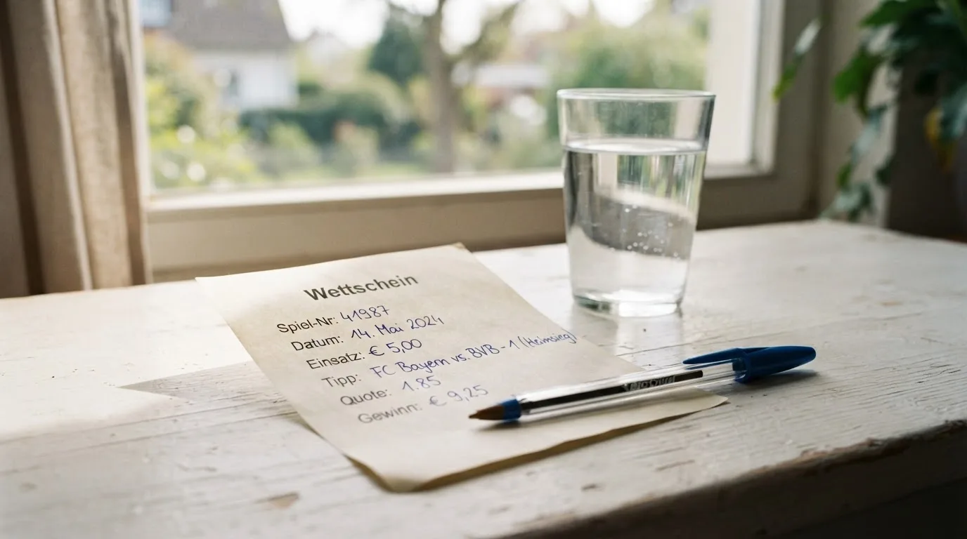 Ein leerer Wettschein aus Papier und ein Kugelschreiber liegen neben einem Glas Wasser auf einer Fensterbank.