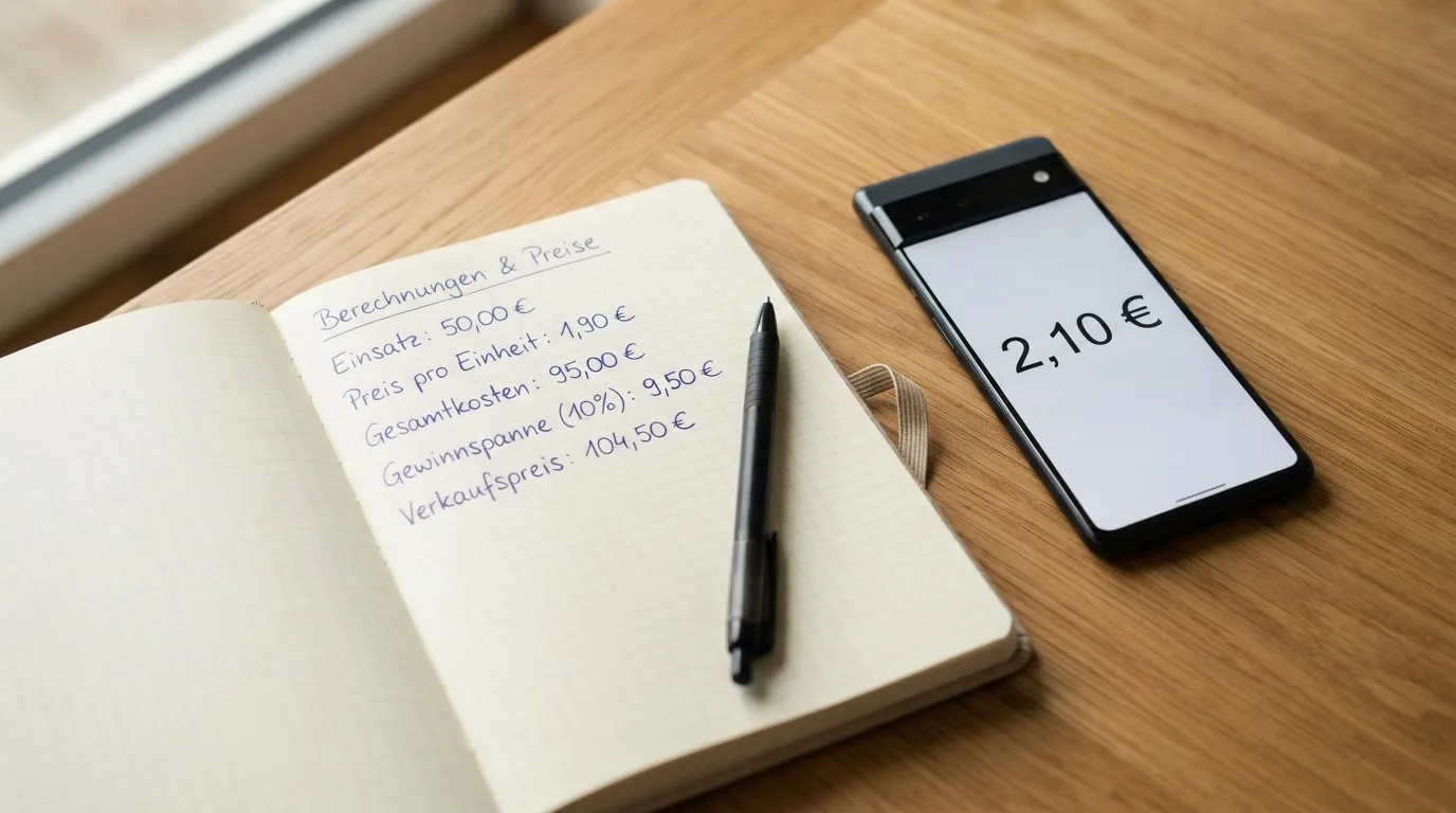 Ein aufgeschlagenes Notizbuch mit handschriftlichen Rechnungen liegt neben Stift und Smartphone auf einem Holztisch im Tageslicht.