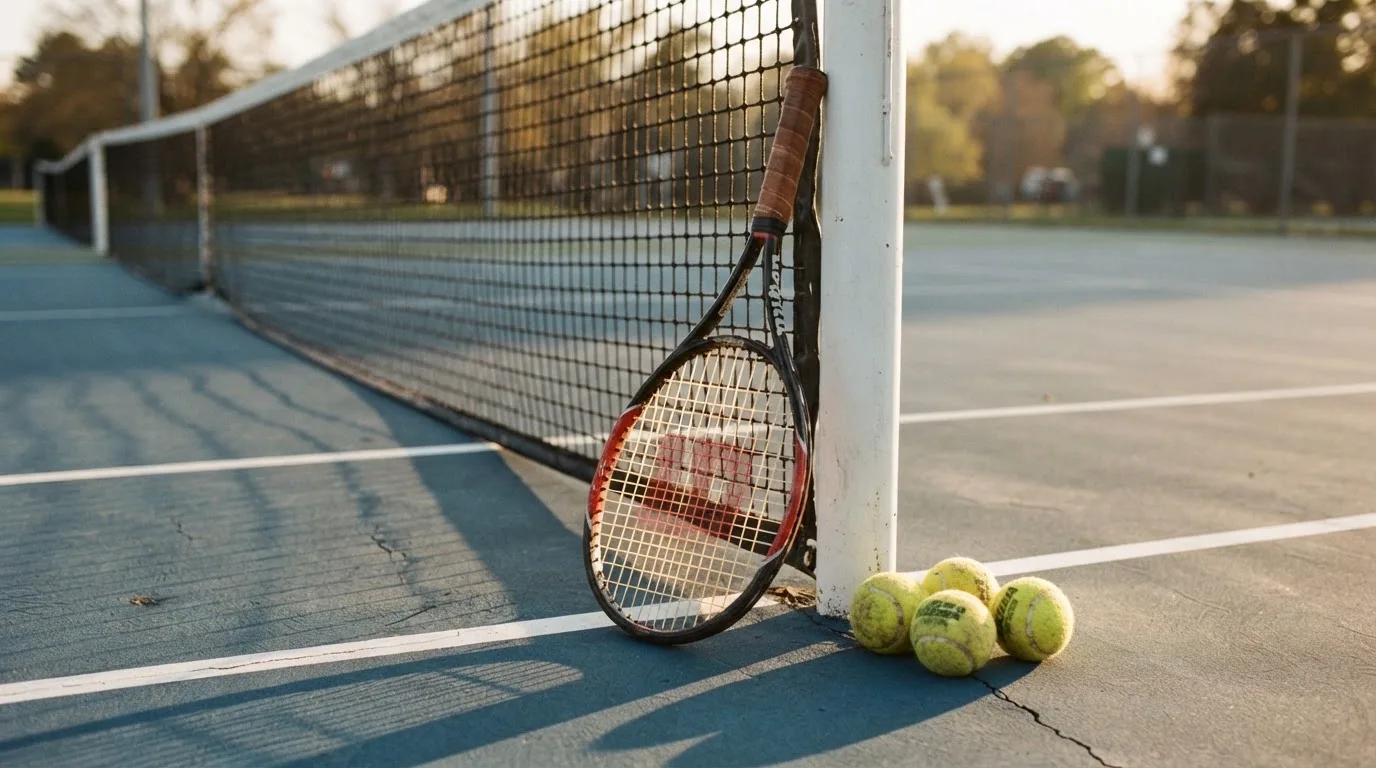 Ein Tennisschläger lehnt an einem Netzpfosten, daneben liegen drei Bälle auf einem Hartplatz in warmem Nachmittagslicht.