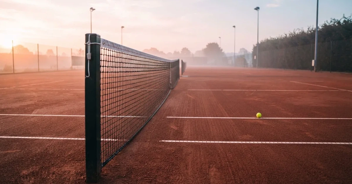 Ein Sandplatz am frühen Morgen mit frisch gezogenen Linien, einem Netz in der Mitte und einem gelben Ball auf der Grundlinie.