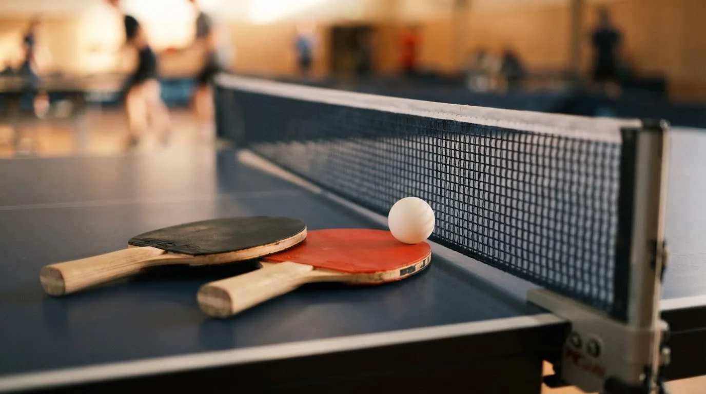 Ein weißer Ball liegt in Nahaufnahme auf der Netzkante einer Tischtennisplatte, daneben zwei Holzschläger mit rotem und schwarzem Belag.