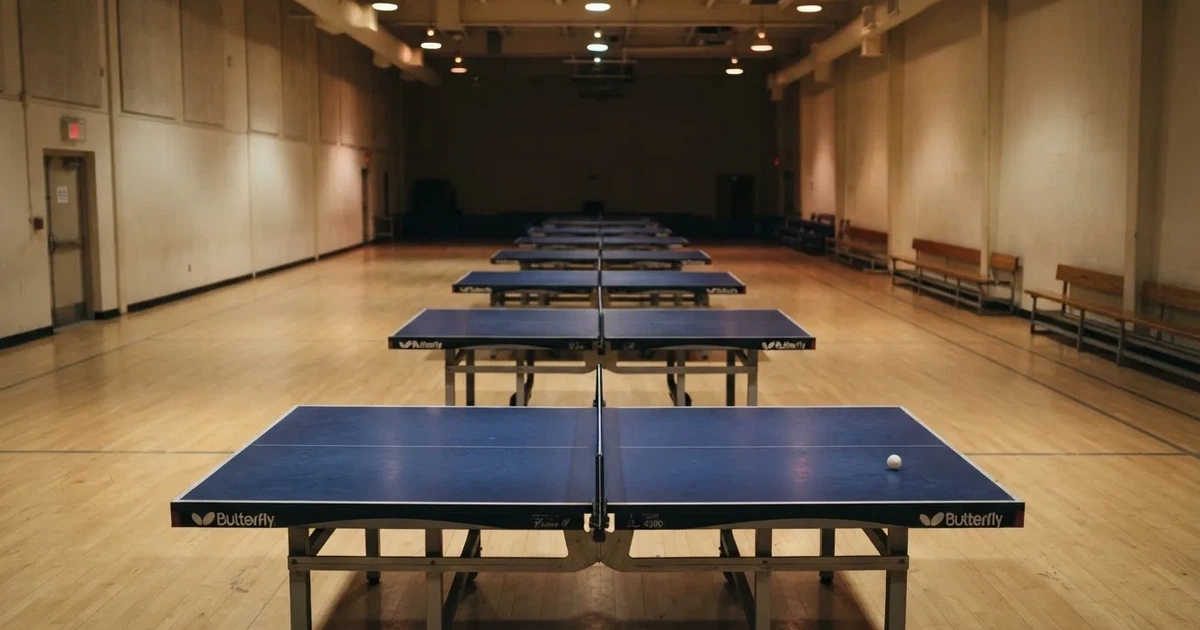 Eine Tischtennishalle aus erhöhter Perspektive mit mehreren blauen Tischen in Reihen unter gedämpftem Hallenlicht, ohne Personen.