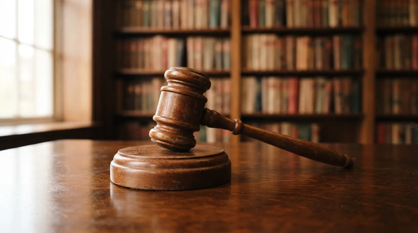 Ein Richterhammer aus Holz liegt auf einer polierten Tischplatte, dahinter eine unscharfe Bücherwand.