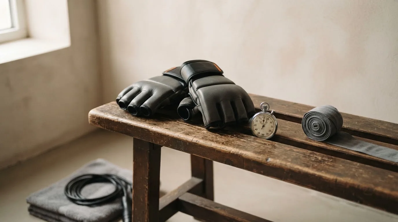 Ein Paar Kampfhandschuhe und eine Stoppuhr liegen auf einer Bank im Trainingsraum neben einer aufgerollten Handbandage.
