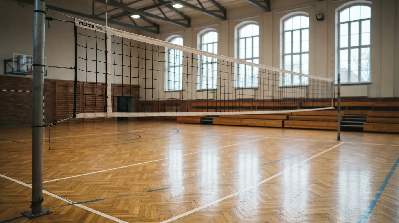 Eine leere Sporthalle mit gespanntem Volleyballnetz und glänzendem Parkett, durch hohe Fenster fällt Tageslicht.