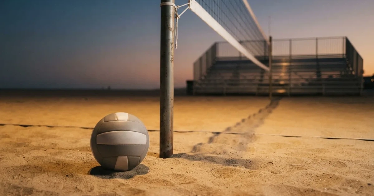 Ein Volleyball liegt auf dem Sand eines Beachvolleyball-Feldes neben dem gespannten Netz, im Hintergrund eine leere Tribüne bei Abendlicht.