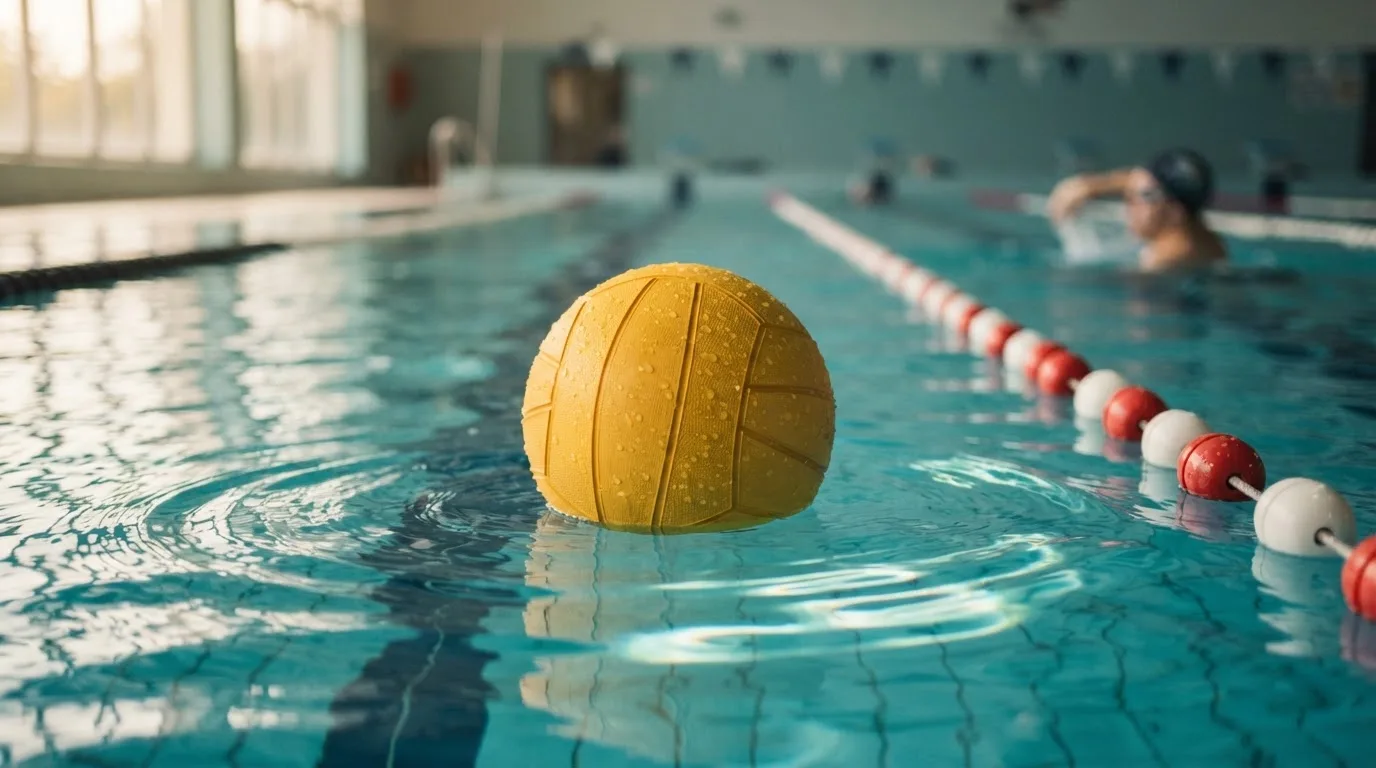 Ein gelber Wasserball treibt in Nahaufnahme auf der Wasseroberfläche neben einer Leine mit Bojen.