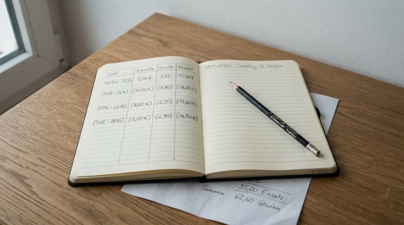 Ein Notizbuch mit handschriftlichen Spalten und einem Bleistift liegt auf einem Schreibtisch neben einem Taschenrechner.