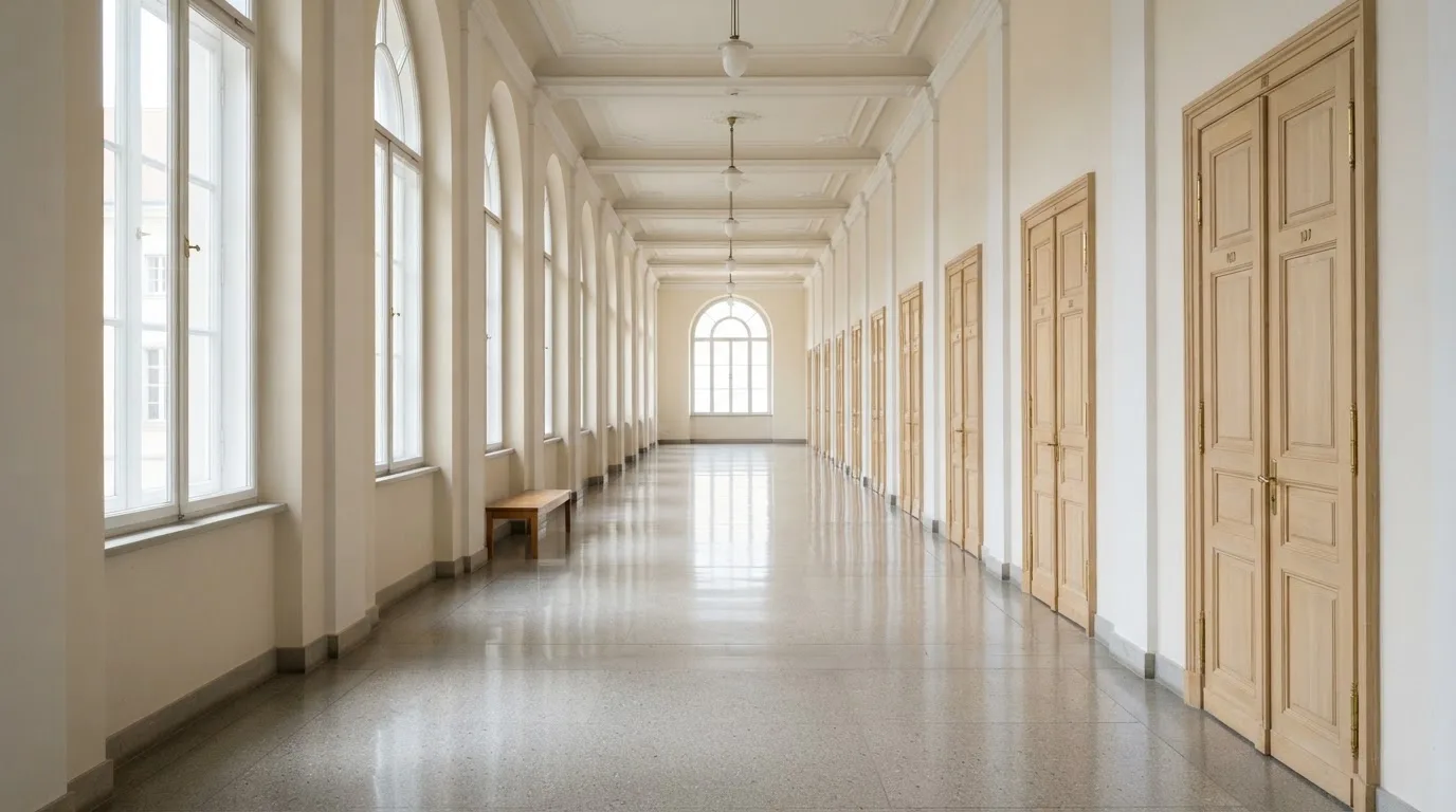 Ein leerer Amtsflur mit hohen Fenstern und glänzendem Steinboden, durch die Fenster fällt das Licht eines Vormittags.