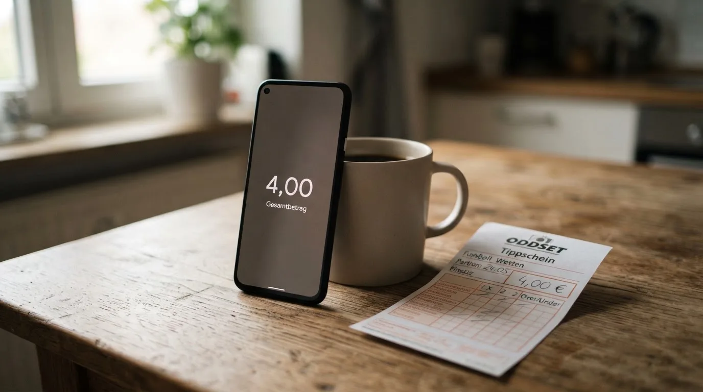Ein Smartphone mit dunklem Bildschirm lehnt an einer Kaffeetasse auf einem Holztisch, daneben ein blanker Papier-Wettschein.