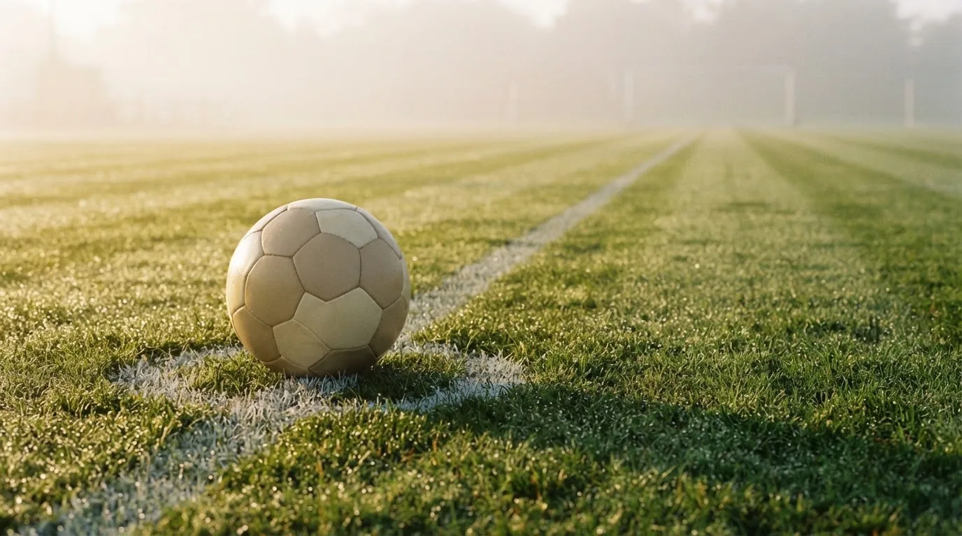Ein Fußball liegt auf dem Anstoßpunkt eines Rasenplatzes im ersten Morgenlicht, Tau glänzt auf dem Gras.