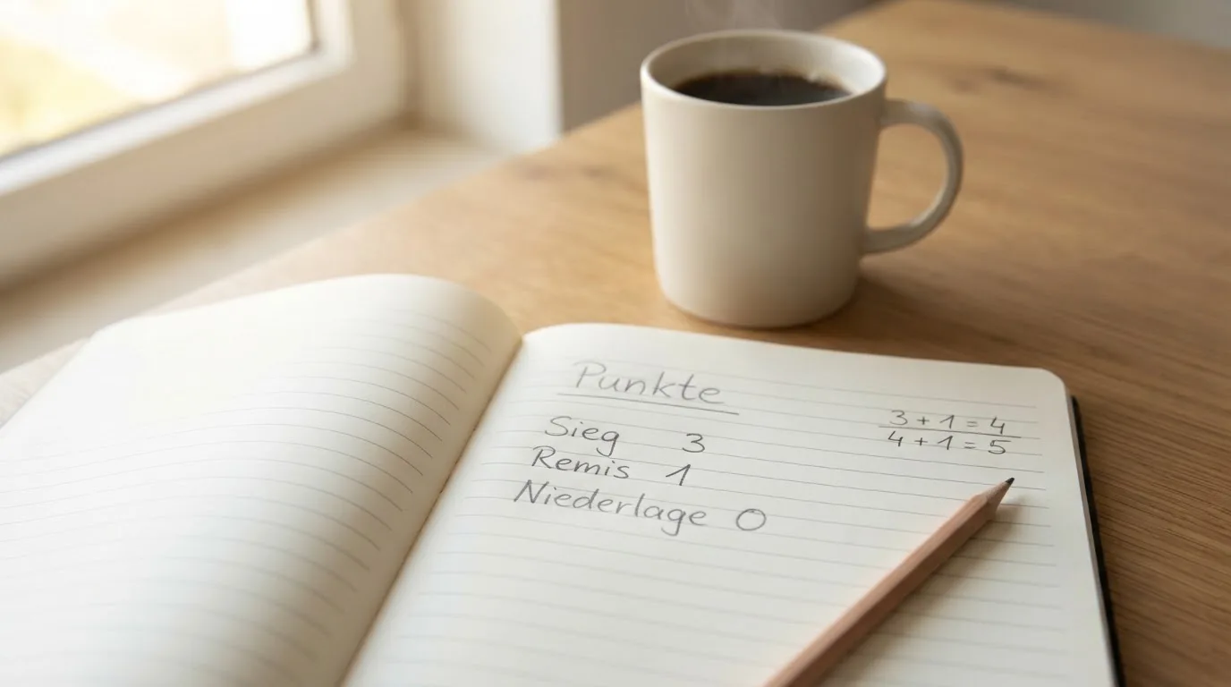 Ein Taschenrechner und ein Bleistift liegen auf einem handbeschriebenen Notizblock neben einer Tasse Kaffee.