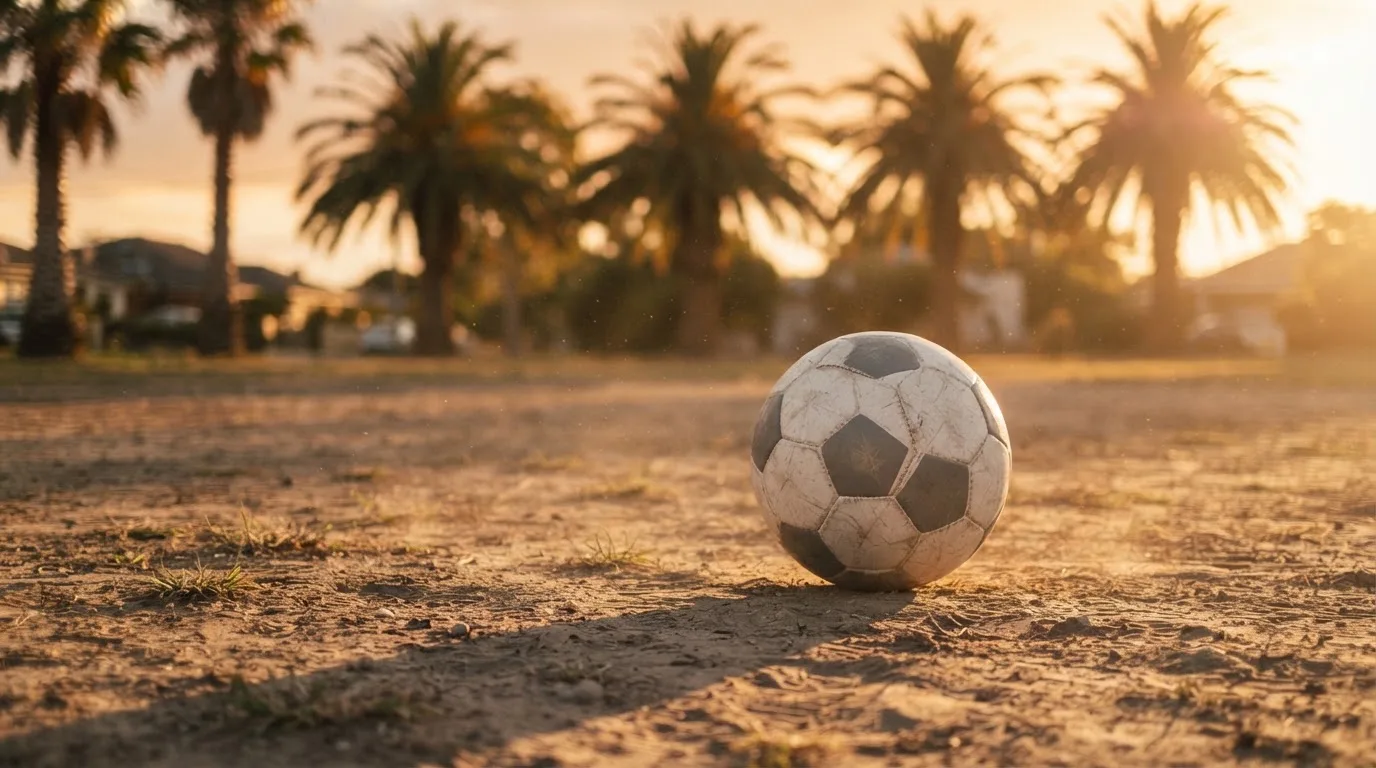 Ein Fußball liegt auf einem staubigen Bolzplatz mit Palmen im Hintergrund in warmem Abendlicht.