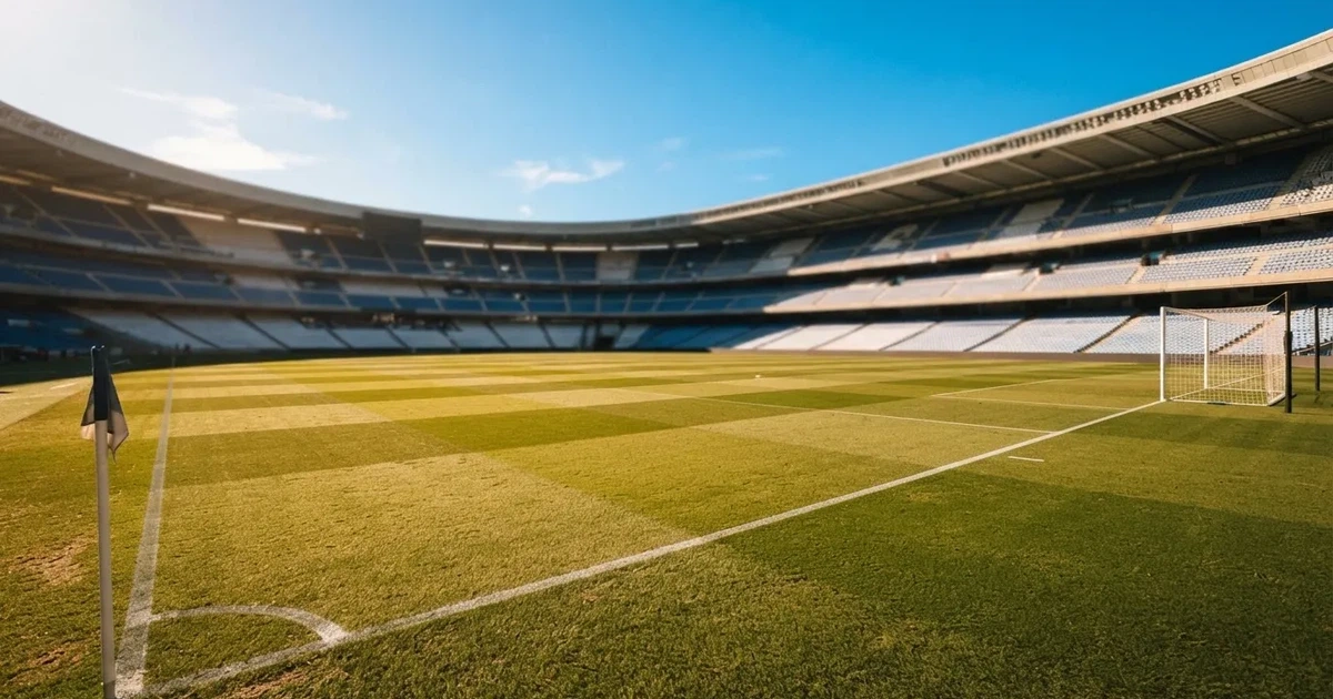 Ein Fußballstadion mit hellen Rängen unter strahlend blauem Himmel, davor ein sonnenbeschienener Rasen mit frisch gemähten Streifen.